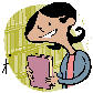 Cartoon of teen with book, smiling.