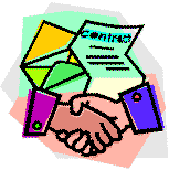 Colorful frawing of two hands shaking with a unfolded contract in the background.
