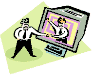 Drawing of two men shaking hands. One is standing inside a computer reaching out to shake hands with a man standing outside of the computer.