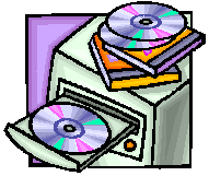 Computer with CDs stacked on top and CD loaded in open drawer.